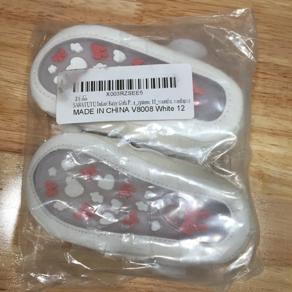 SABATUTU Infant Baby Girls White Glitter Mary Jane Bow Crib Shoes Size 12 Months